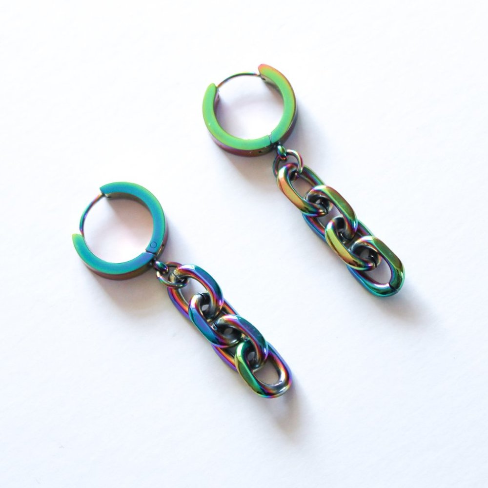 Vitaly Hostile Rainbow Oilslick Stainless Steel Chain Dangle Earrings
